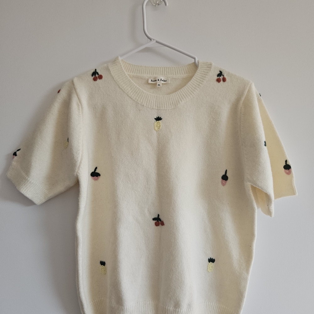 Cream Sweater with Fruit Embroidery
